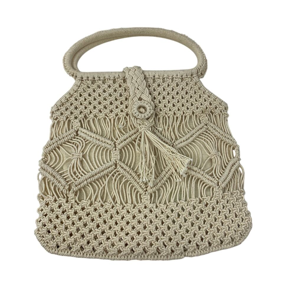 Vintage Macrame Crochet Handbag Ivory Cream Boho Hippie Tassel Purse